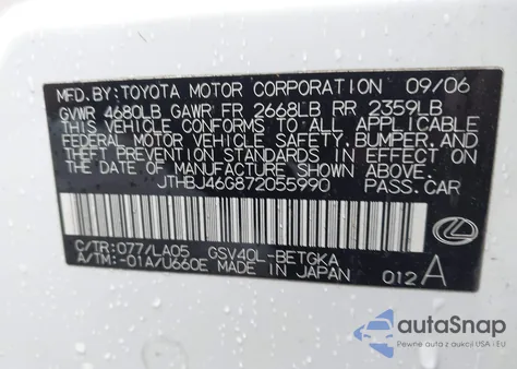 2007 Lexus Es 350 from USA, damaged, VIN JTHBJ46G872055990